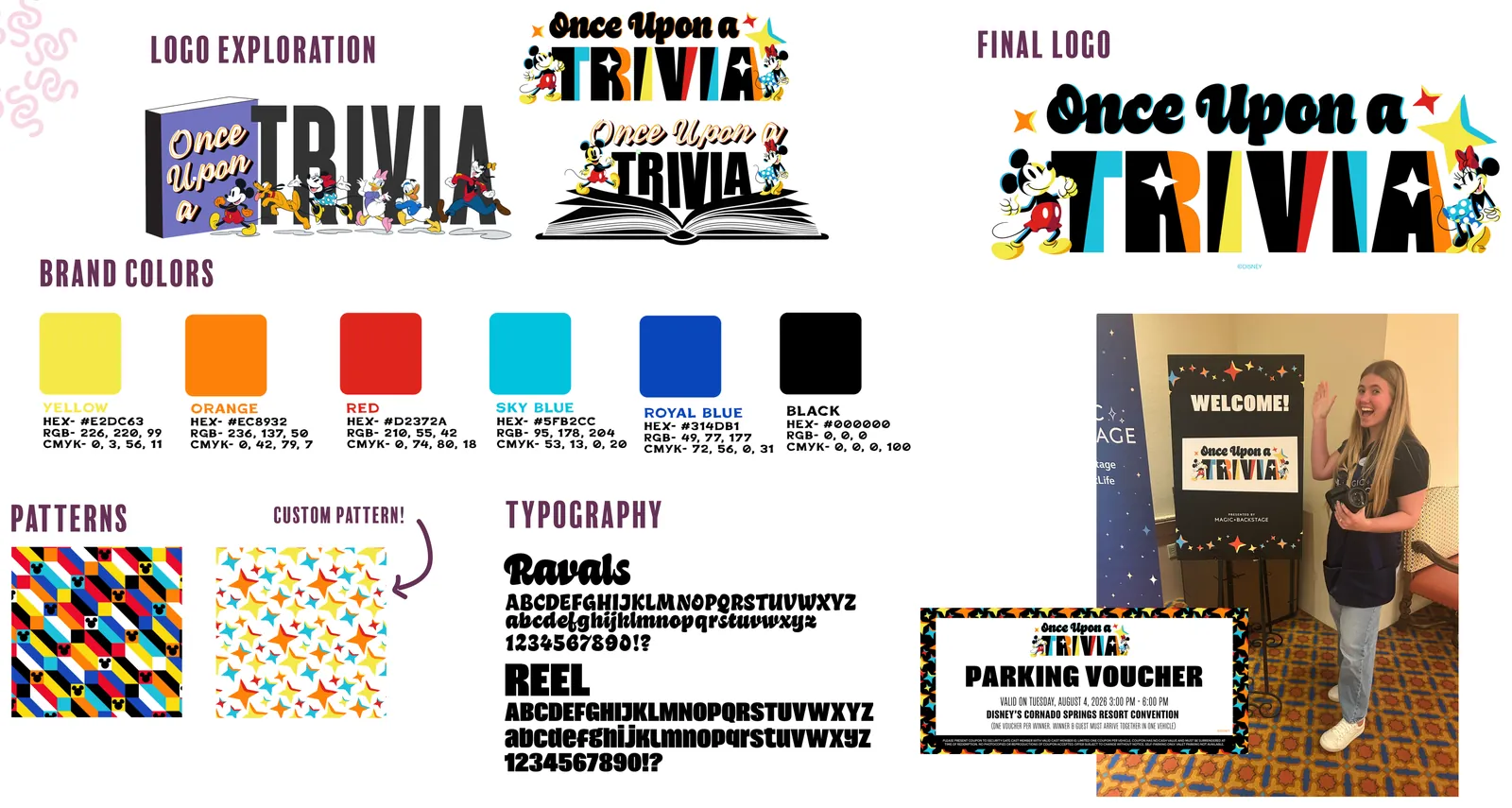 Logo exploration, final logo, brand colors, custom patterns and typography