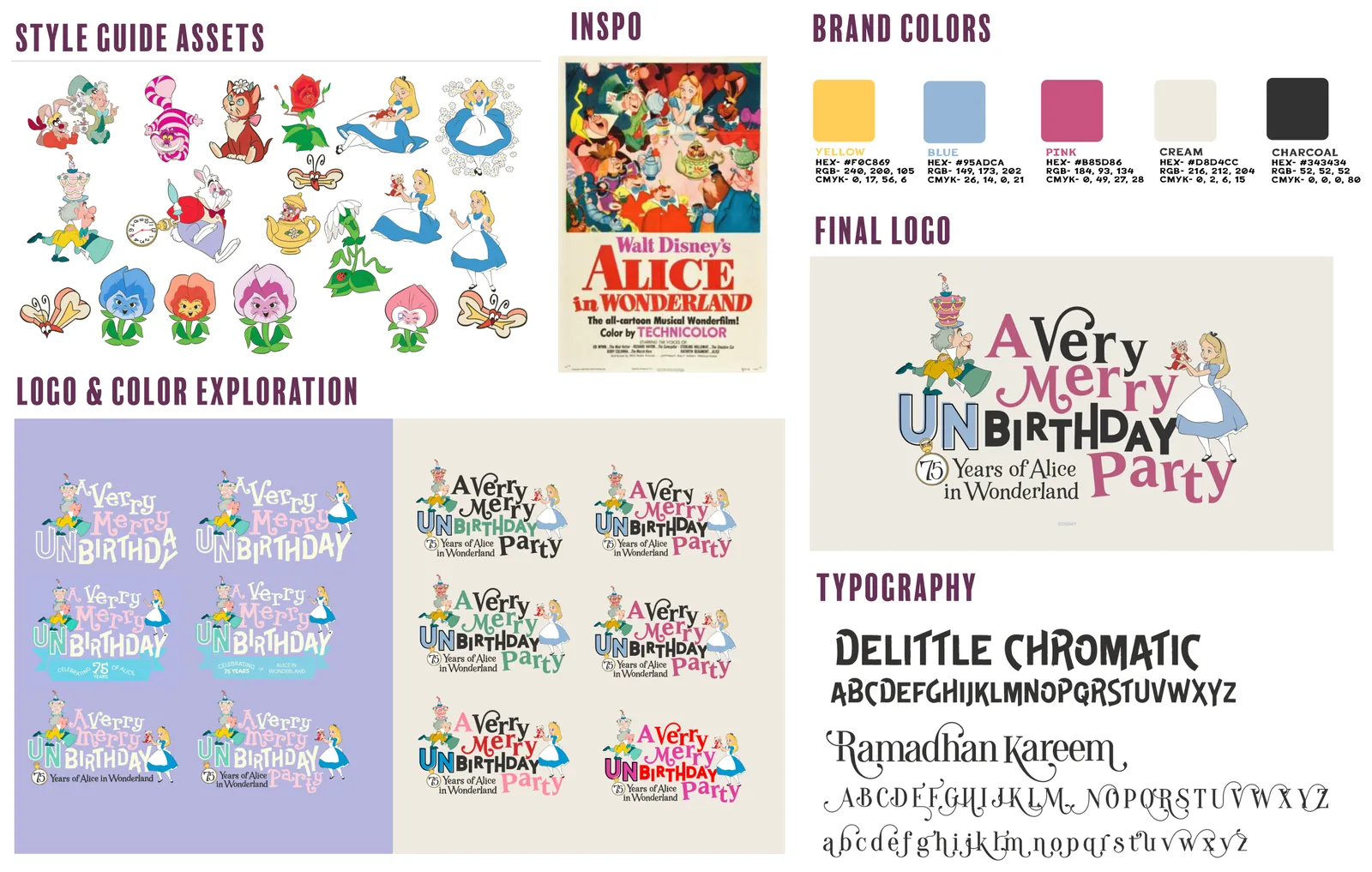 Style guide assets, inspiration, logo and color exploration, final logo, brand colors and typography