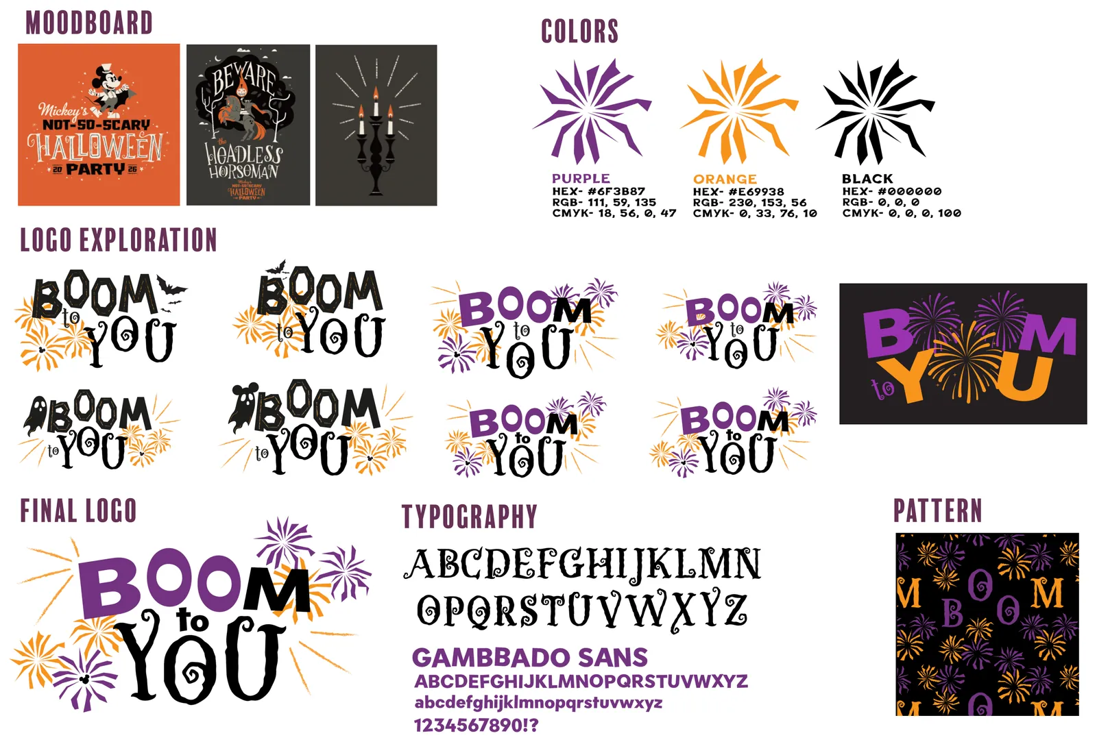 Moodboard, logo exploration, final logo, colors, typography and pattern