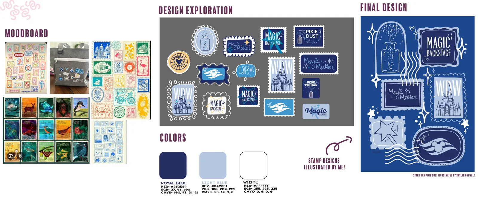 Moodboard, stamp design exploration, colors and final design