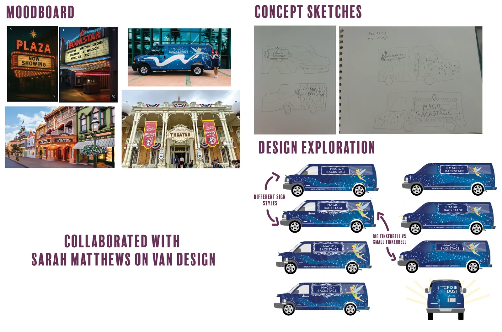 Moodboard, concept sketches and design exploration. Collaborated with Sarah Matthews on van design.