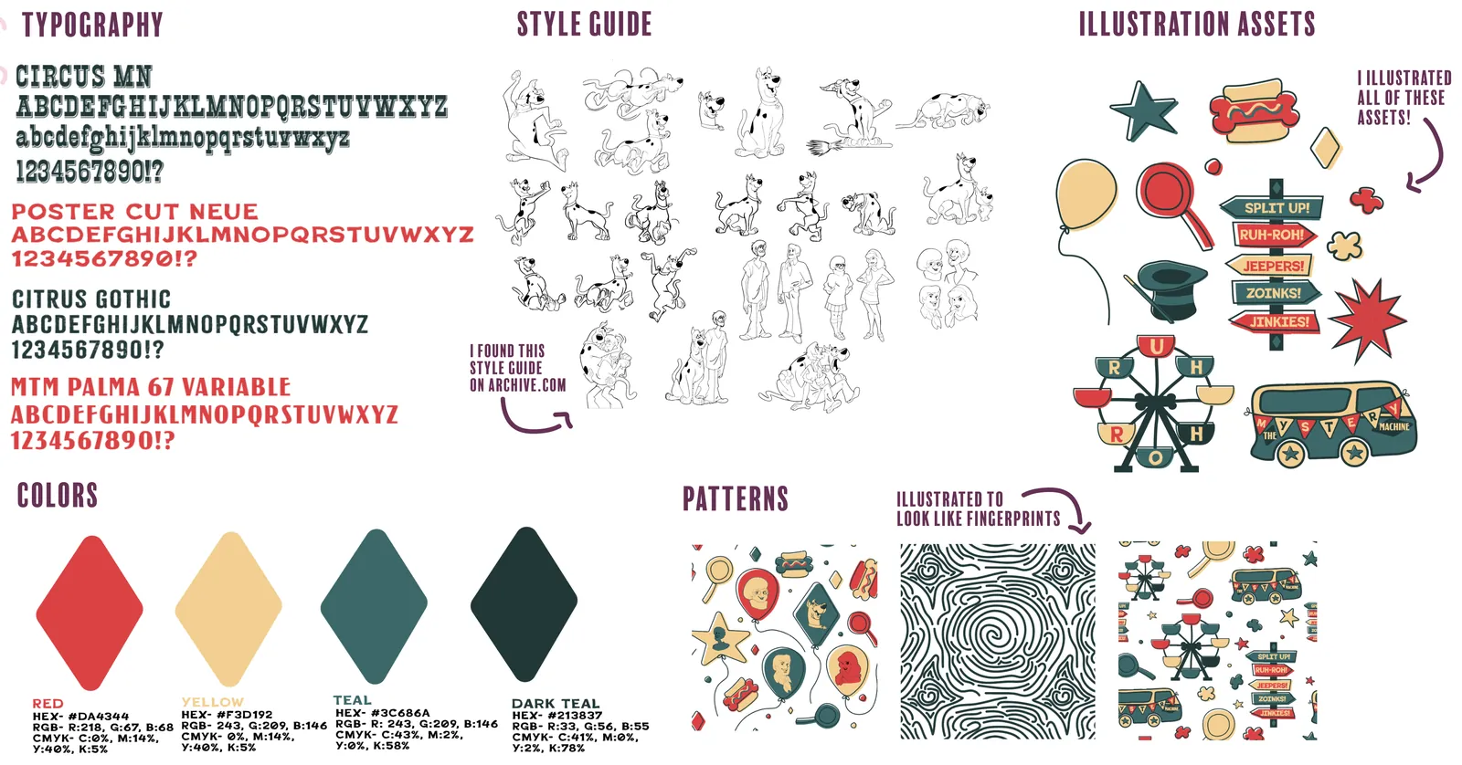 Typography, style guide, illustration assets, colors and patterns